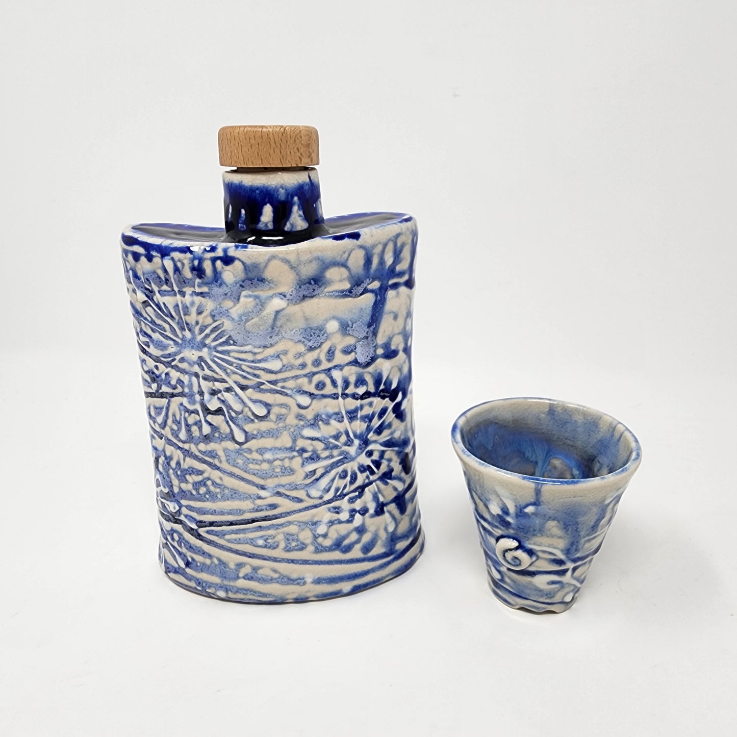 Blue and White Textured Flask with Shot Glass