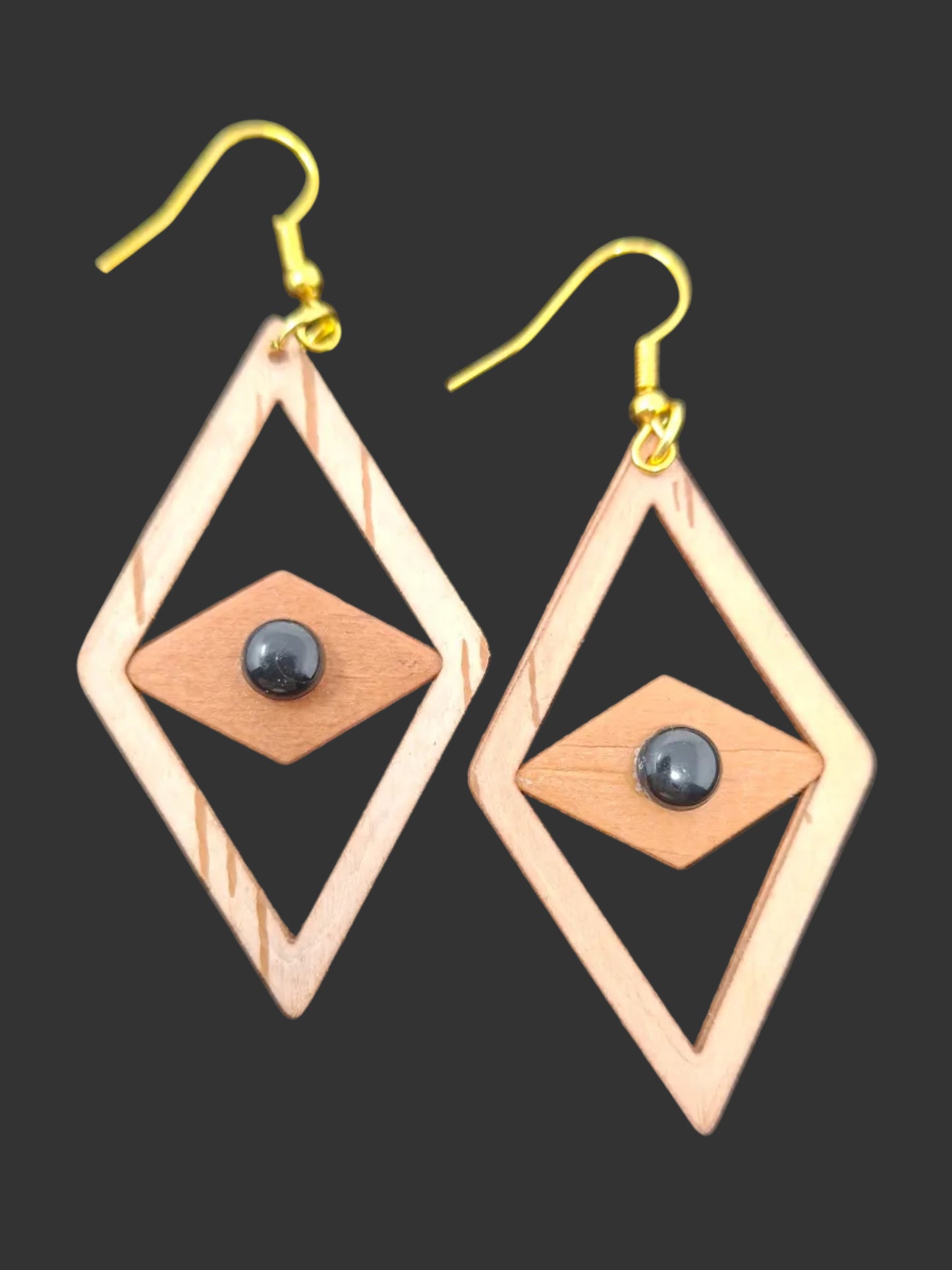 Birch Bark Earrings - Diamond shaped with white and black beads (reversable)