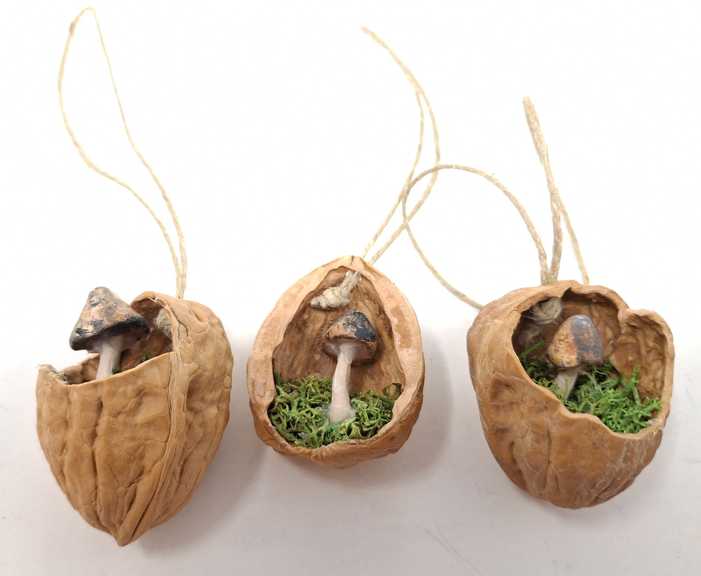 Hanging Walnut Ornaments with hidden mushrooms