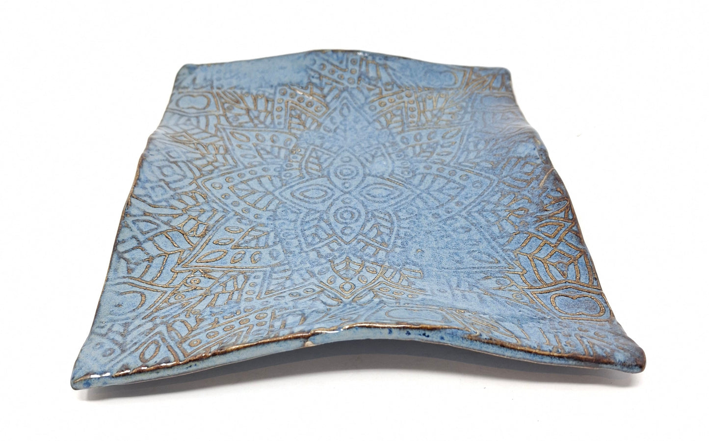 Small blue rectangle platter with wood knife