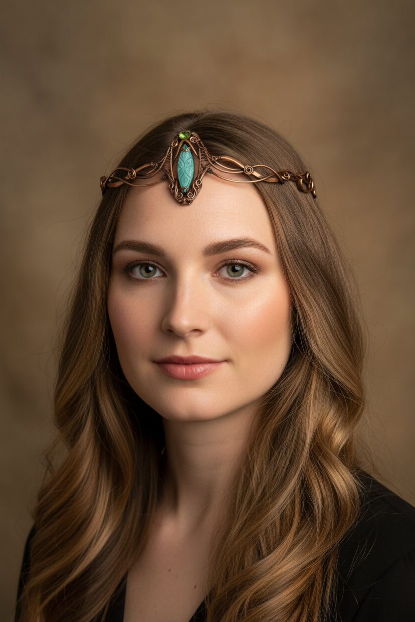 Copper tiara with Labradorite, Peridot and Jade
