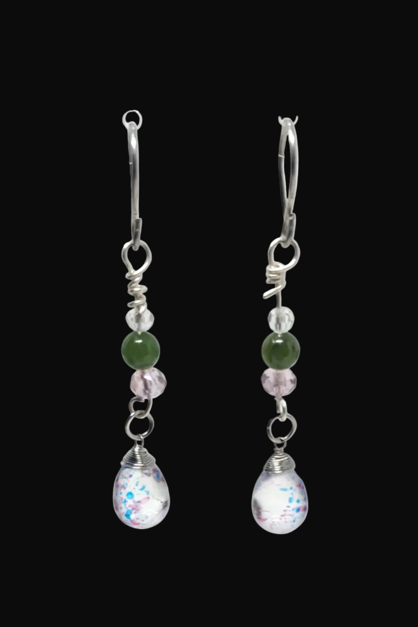 Silver wire wrapped jade bead earring with crystal tear drop