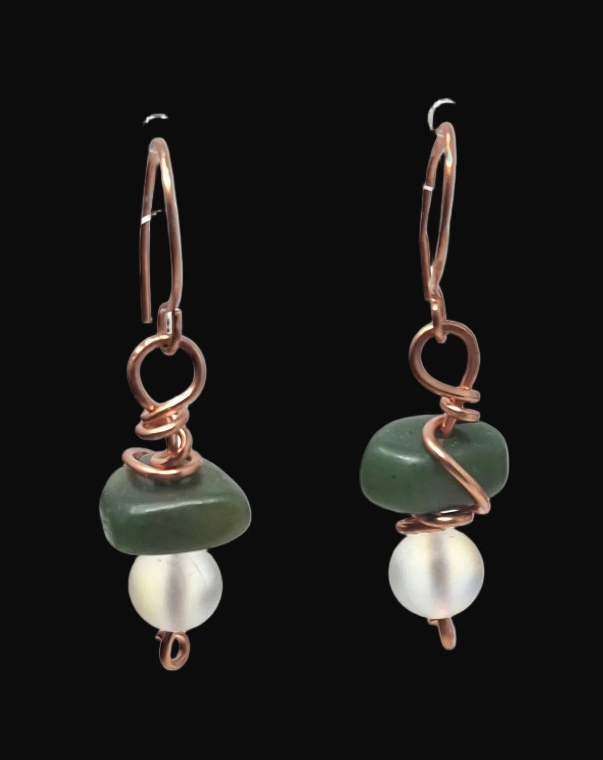 Copper Wire Wrapped Earrings with Jade and Crystal