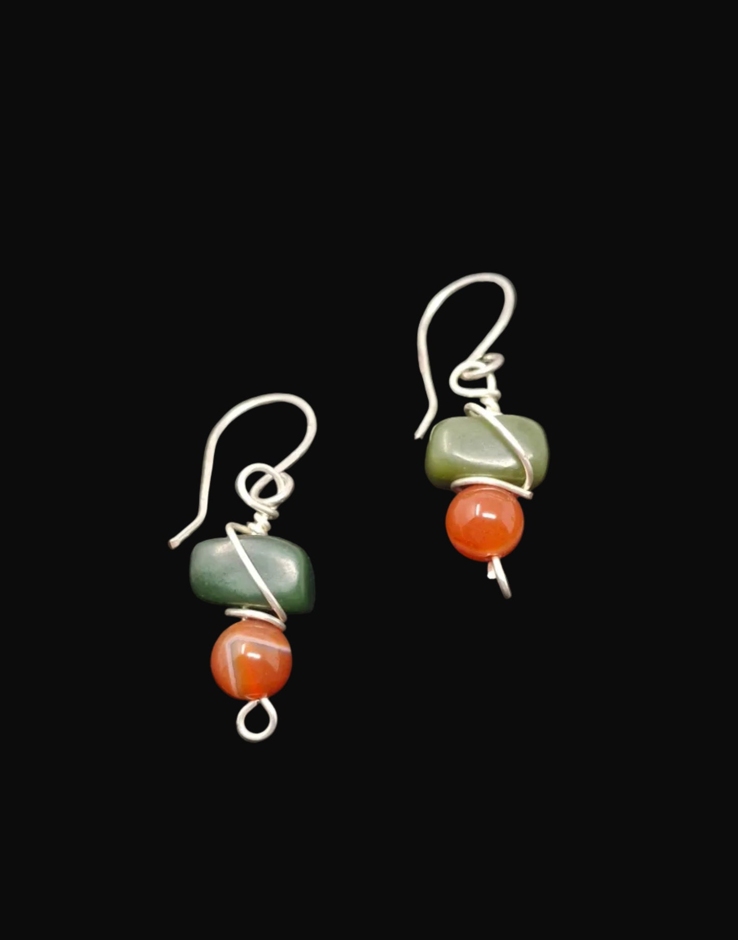 Silver wire wrapped earrings with jade and carnelian