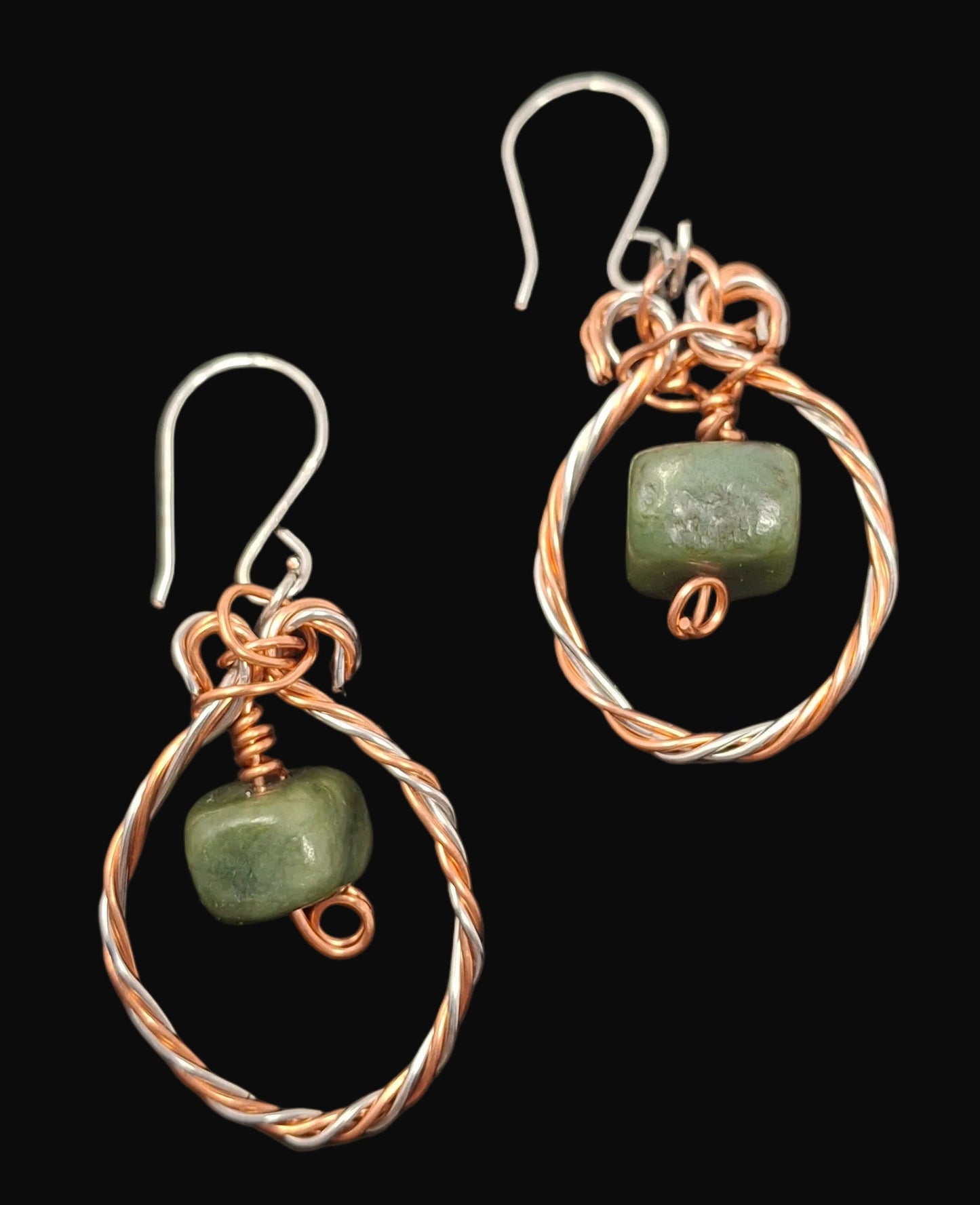 Twisted Copper and Silver Hoops with Jade