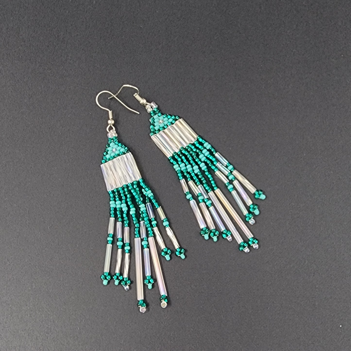 Teal and White Beaded Earrings