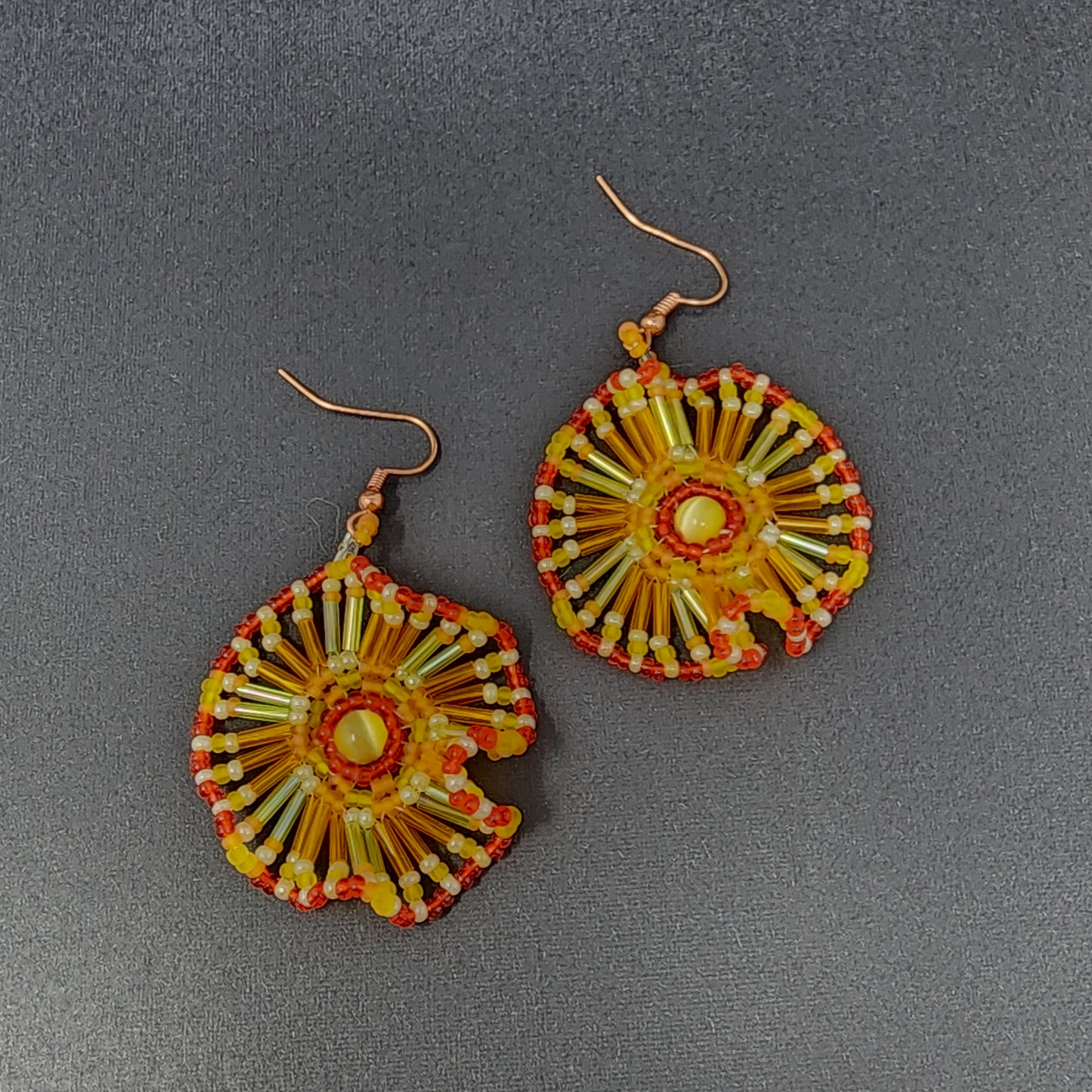 Red Orange Yellow Wheel Beaded Earrings