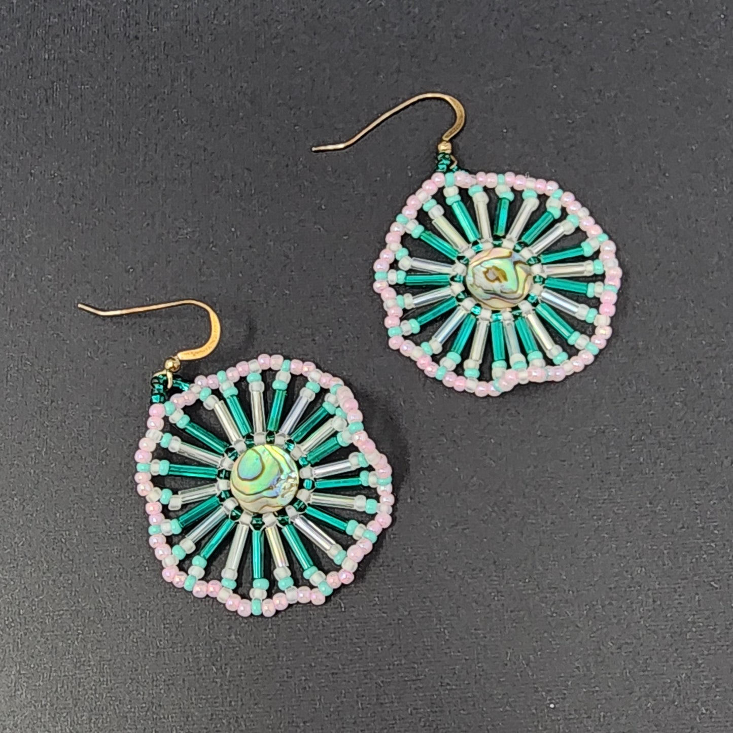 Teal White Wheel Beaded Earrings with Abalone Center