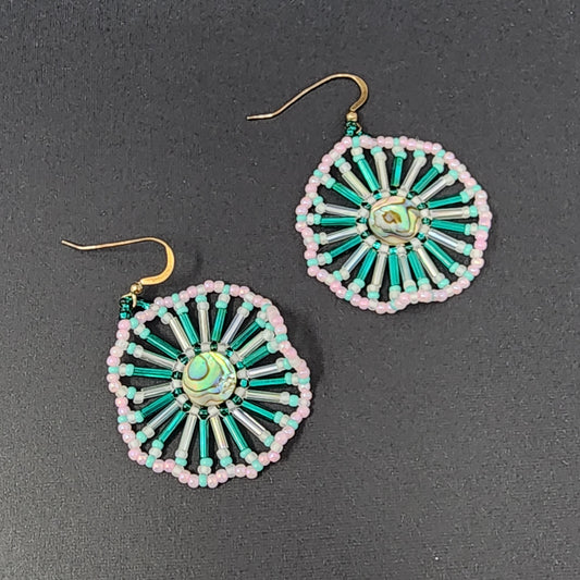 Teal White Wheel Beaded Earrings with Abalone Center