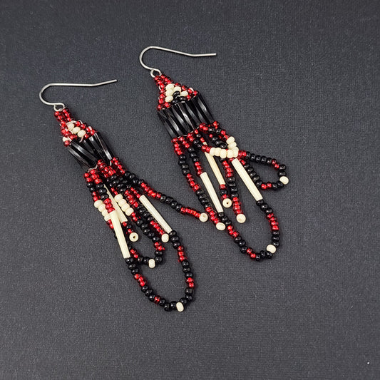 Red Black and White Beaded Earrings