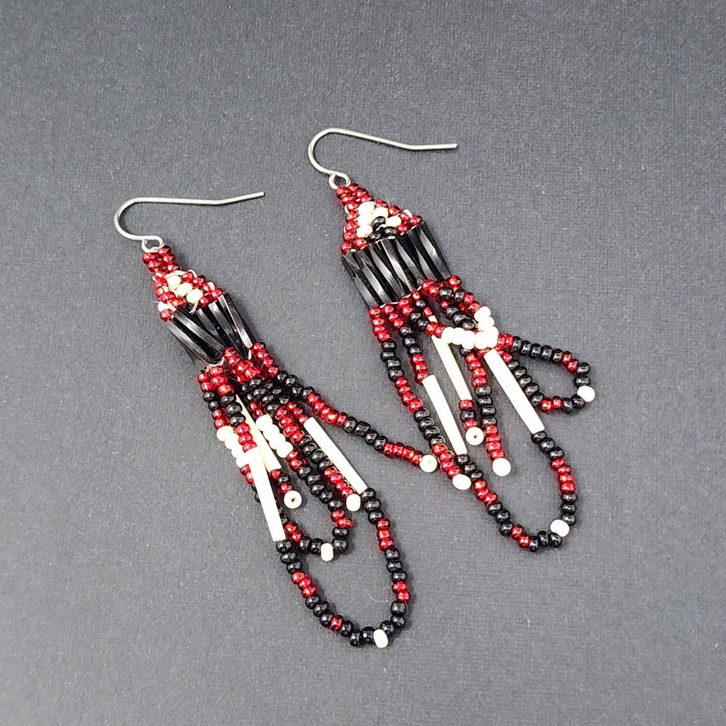 Red Black and White Beaded Earrings