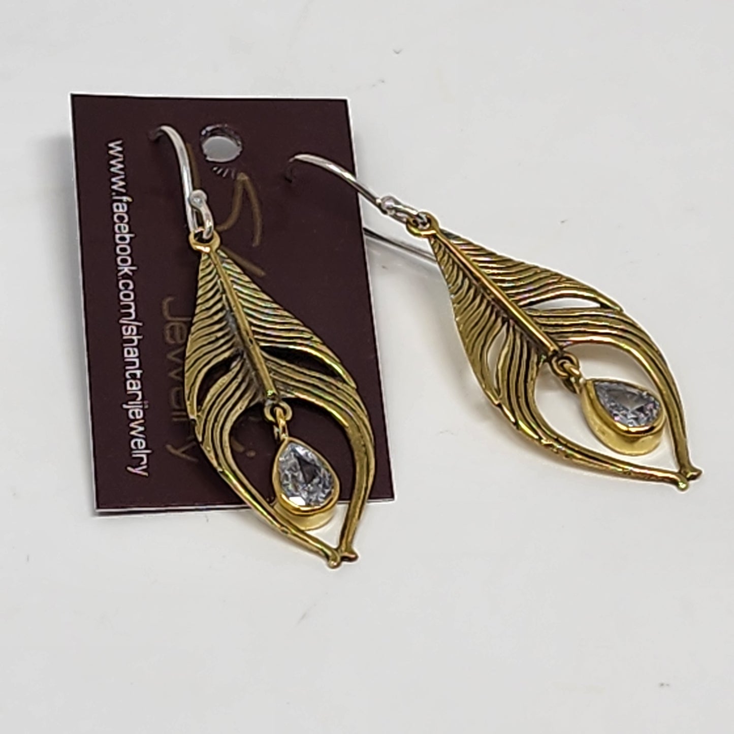 Brass Peacock Feather Earrings with Cubic Zirconia