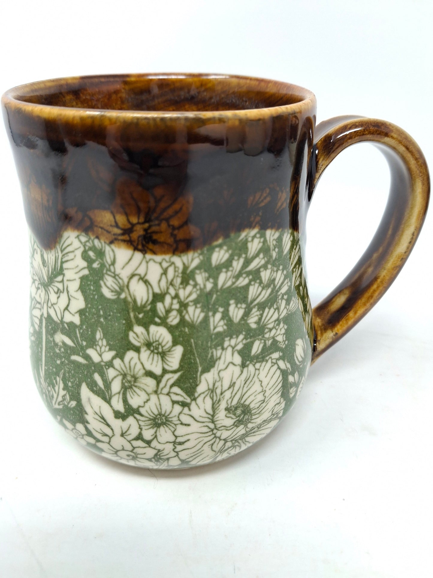 White Flower Mug with Green and Brown