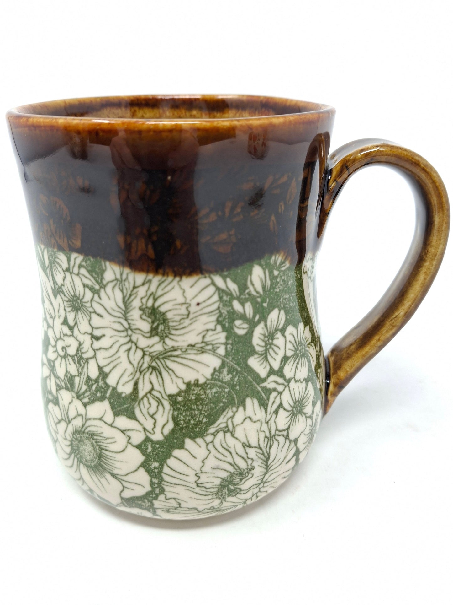 White Flower Mug with Green and Brown