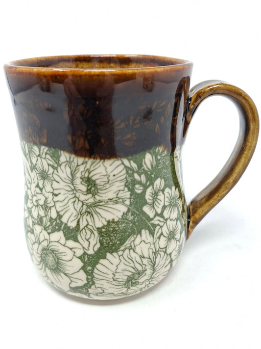 White Flower Mug with Green and Brown