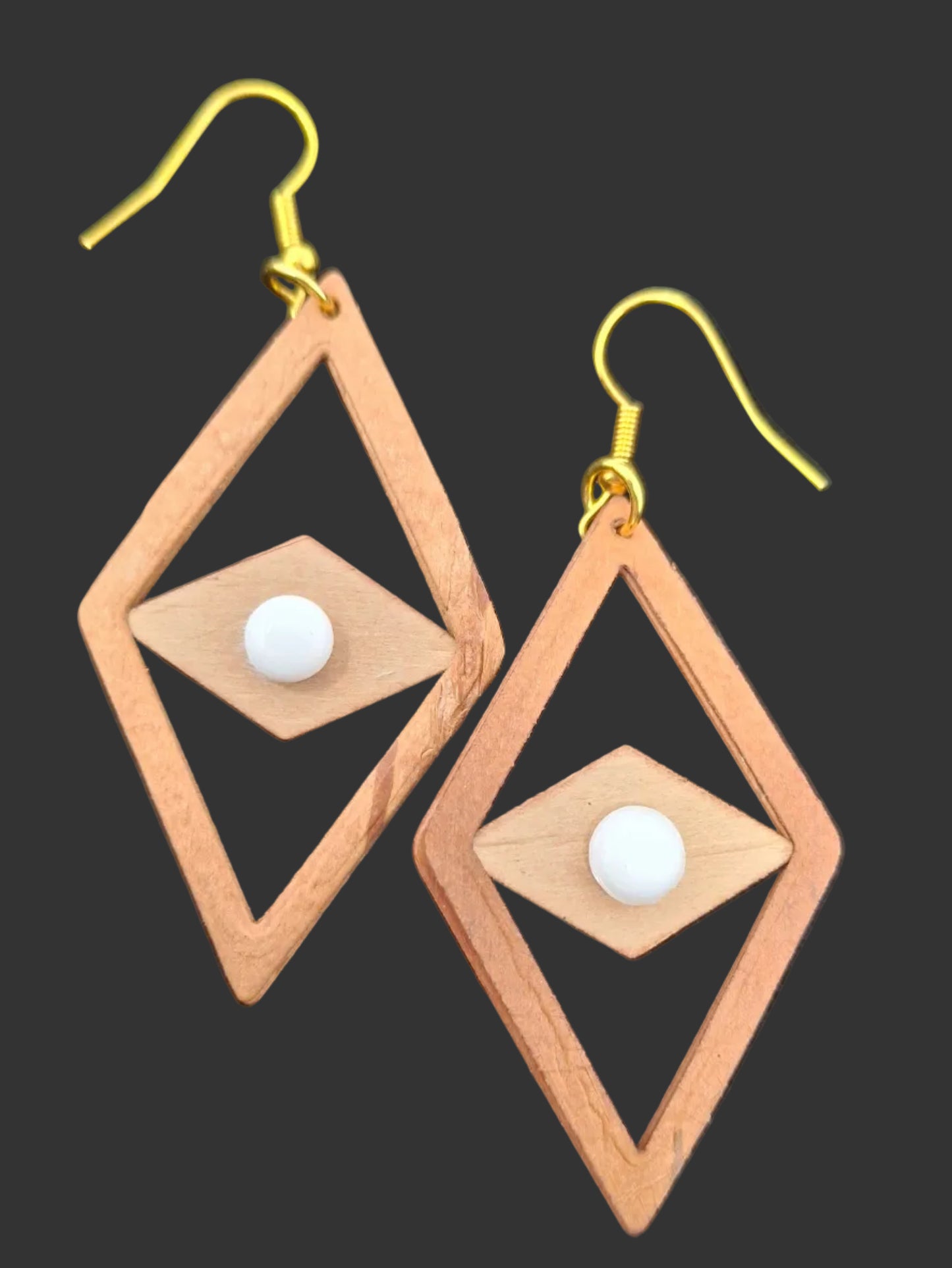Birch Bark Earrings - Diamond shaped with white and black beads (reversable)