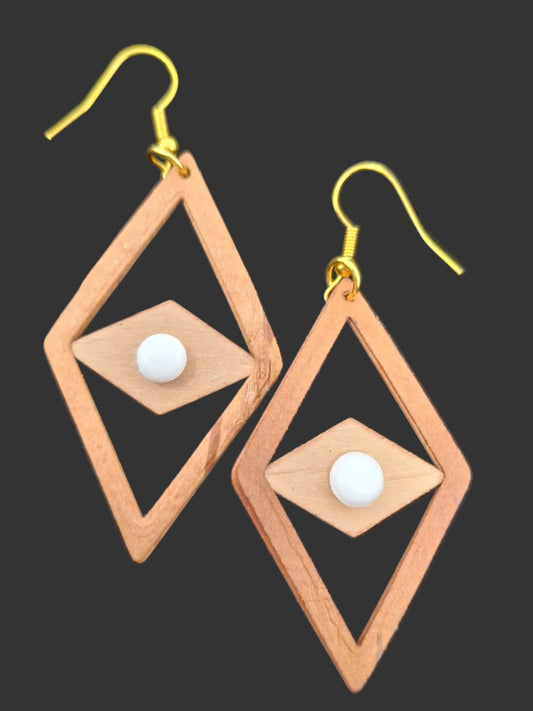 Birch Bark Earrings - Diamond shaped with white and black beads (reversable)