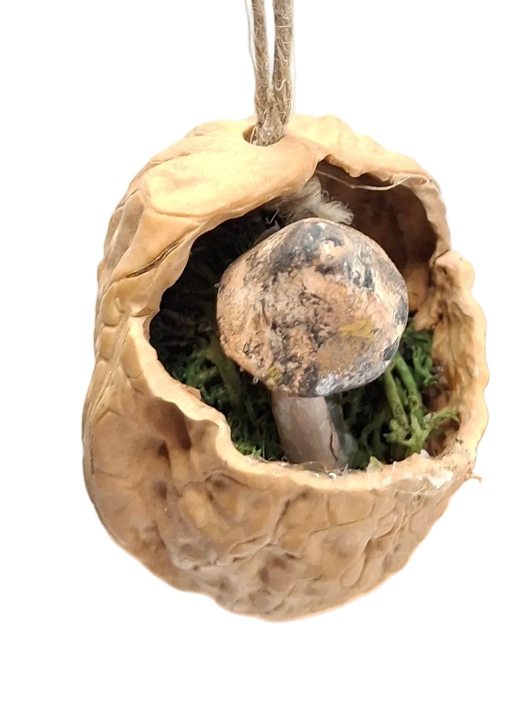 Hanging Walnut Ornaments with hidden mushrooms