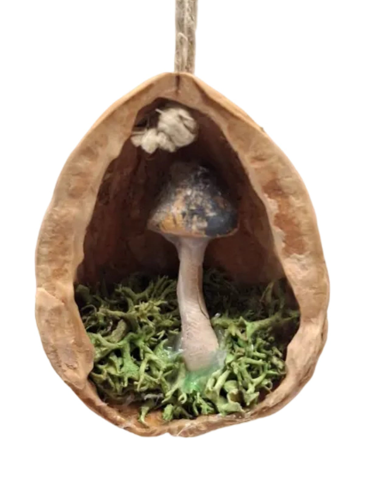 Hanging Walnut Ornaments with hidden mushrooms