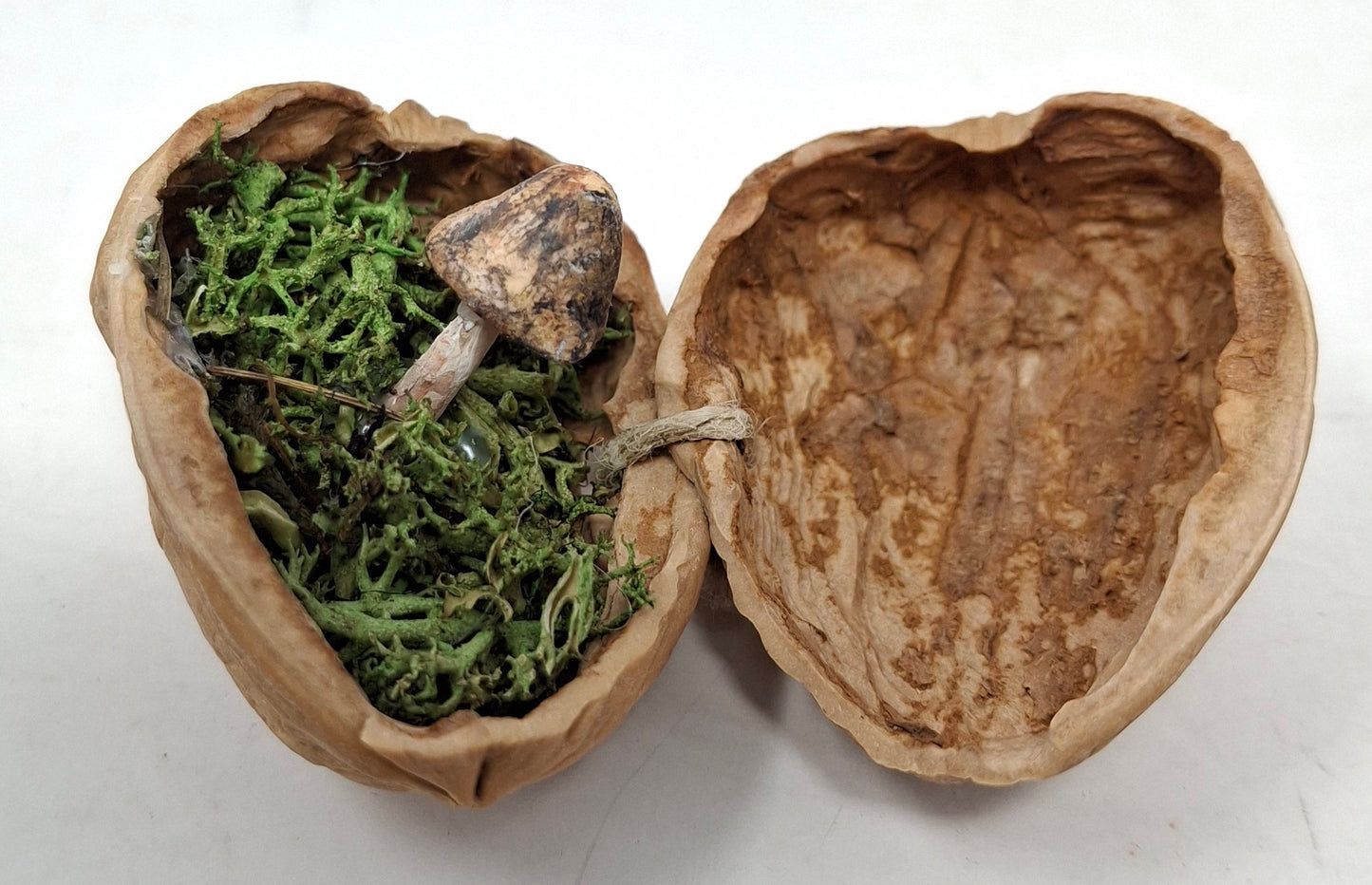 Walnut ornaments with hidden mushrooms