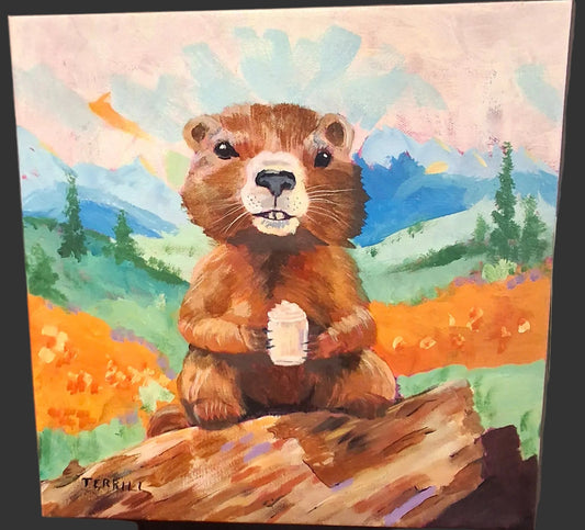 "Marmot Macchiato" acrylic on Canvas 12" x 12"