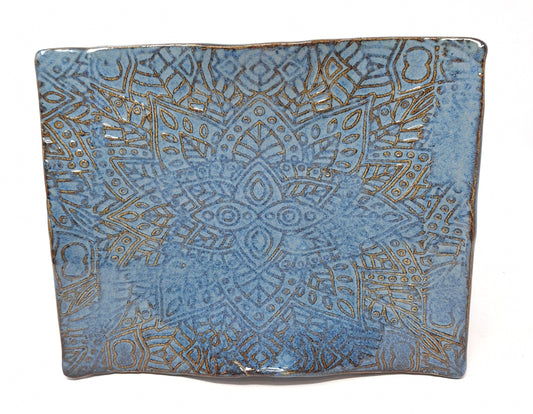 Small blue rectangle platter with wood knife