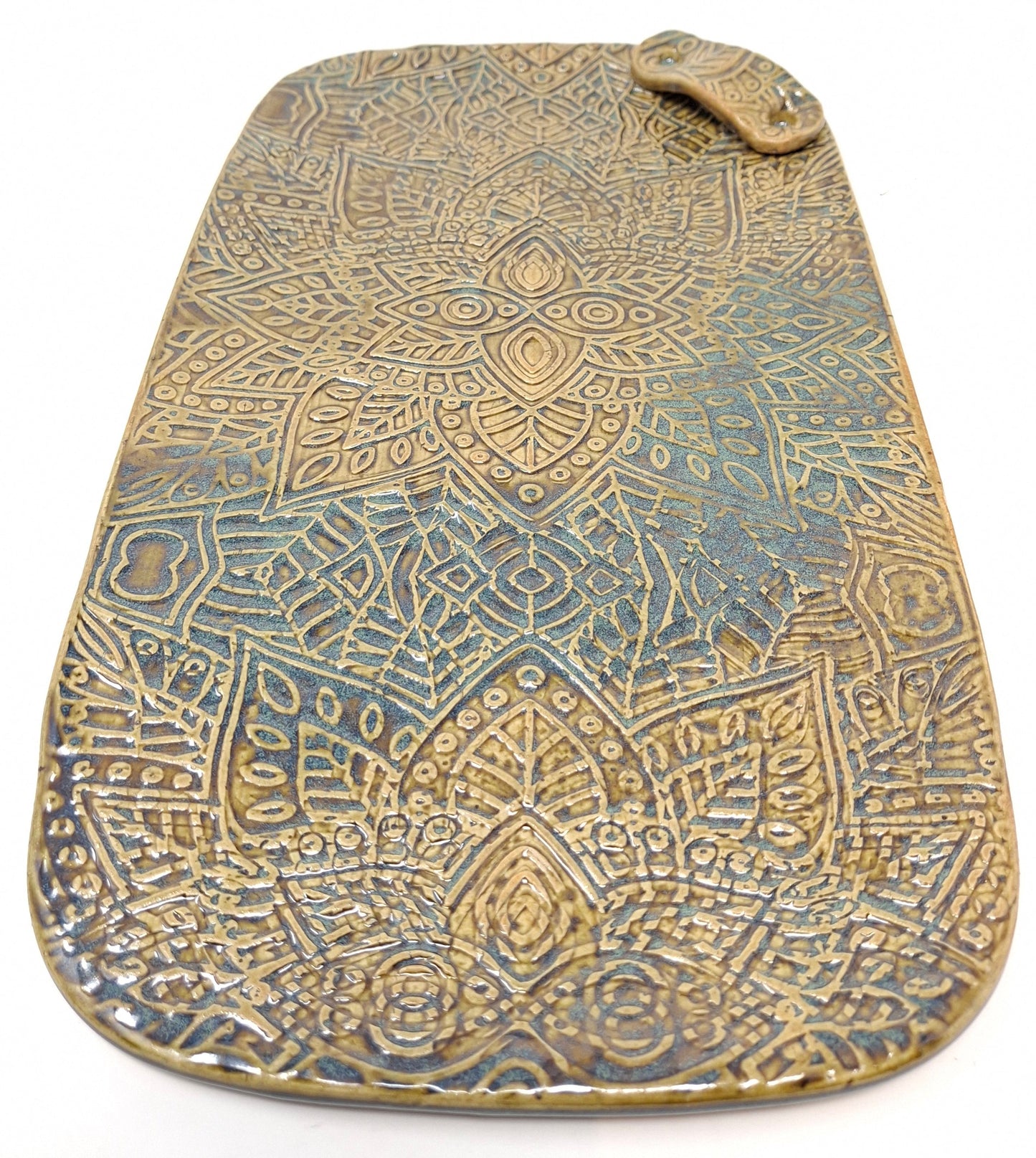 Medium brown/blue platter with wood knife