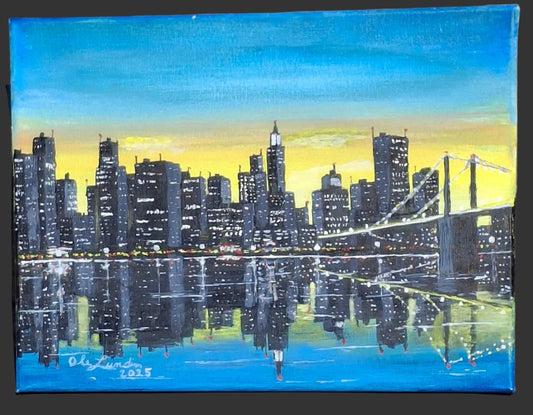 City Nightscape with Bridge - Acrylic Painting