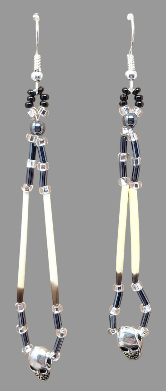 Earrings - Porcupine Quill and dark grey beads
