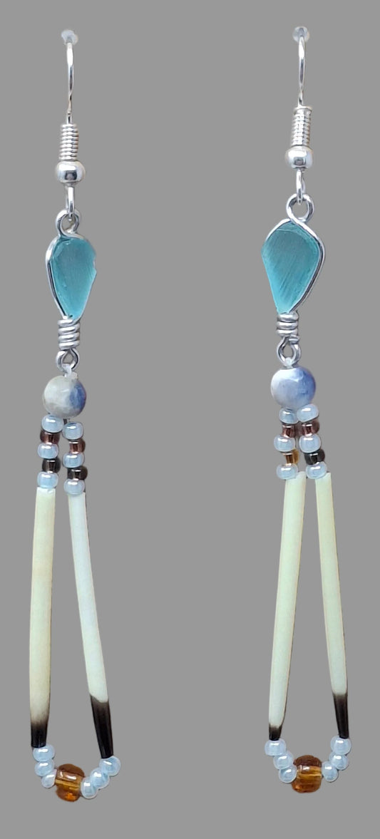 Earrings - Porcupine Quill with large aqua drop beads