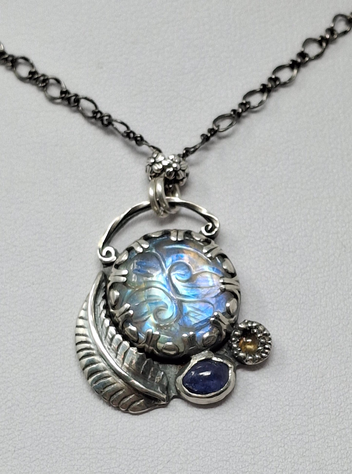Silver necklace with Moonstone, Tanzanite and Citrine