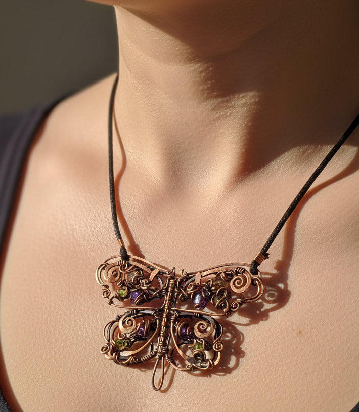 Copper Butterfly Necklace with Peridot, Amethyst and Citrine