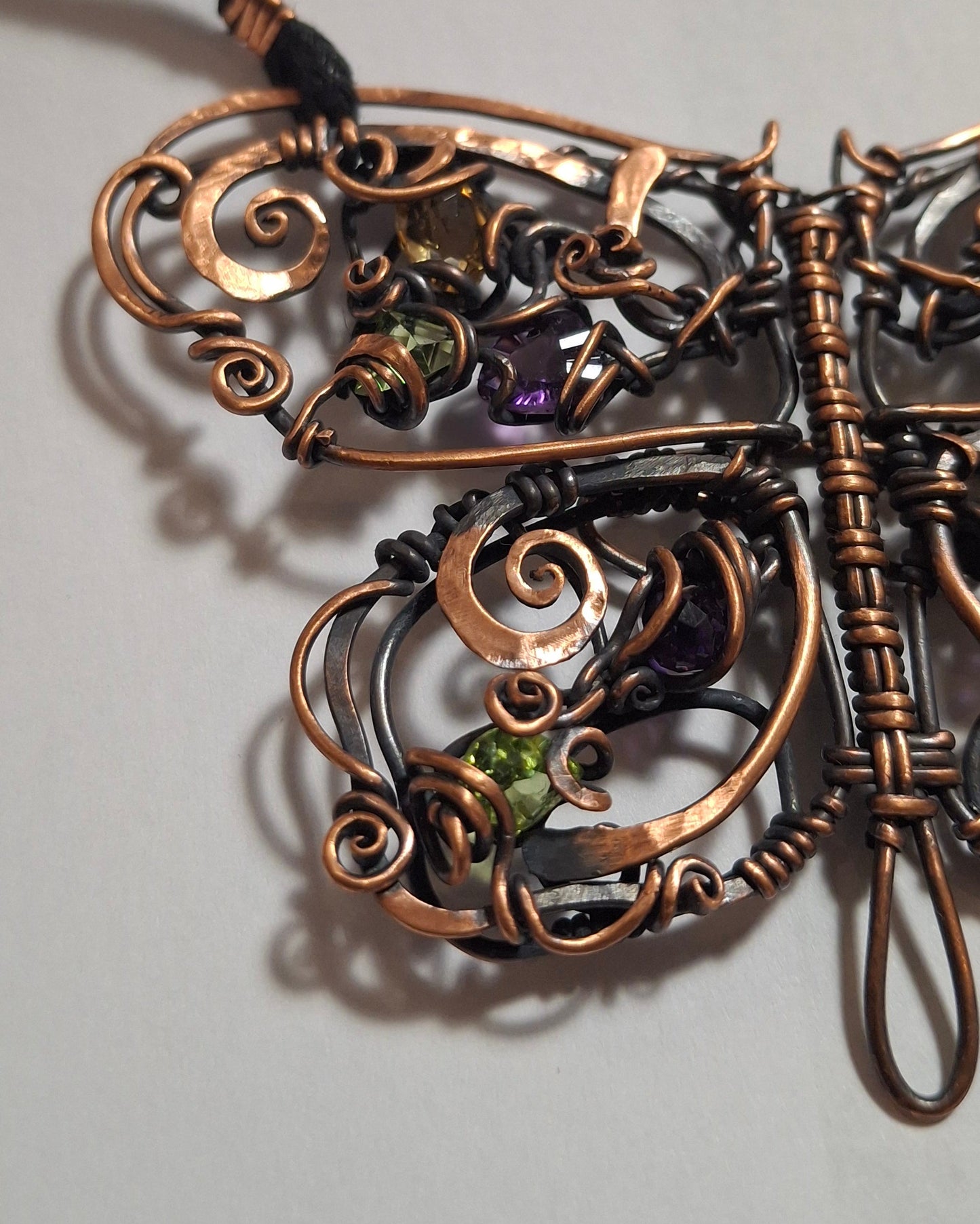Copper Butterfly Necklace with Peridot, Amethyst and Citrine