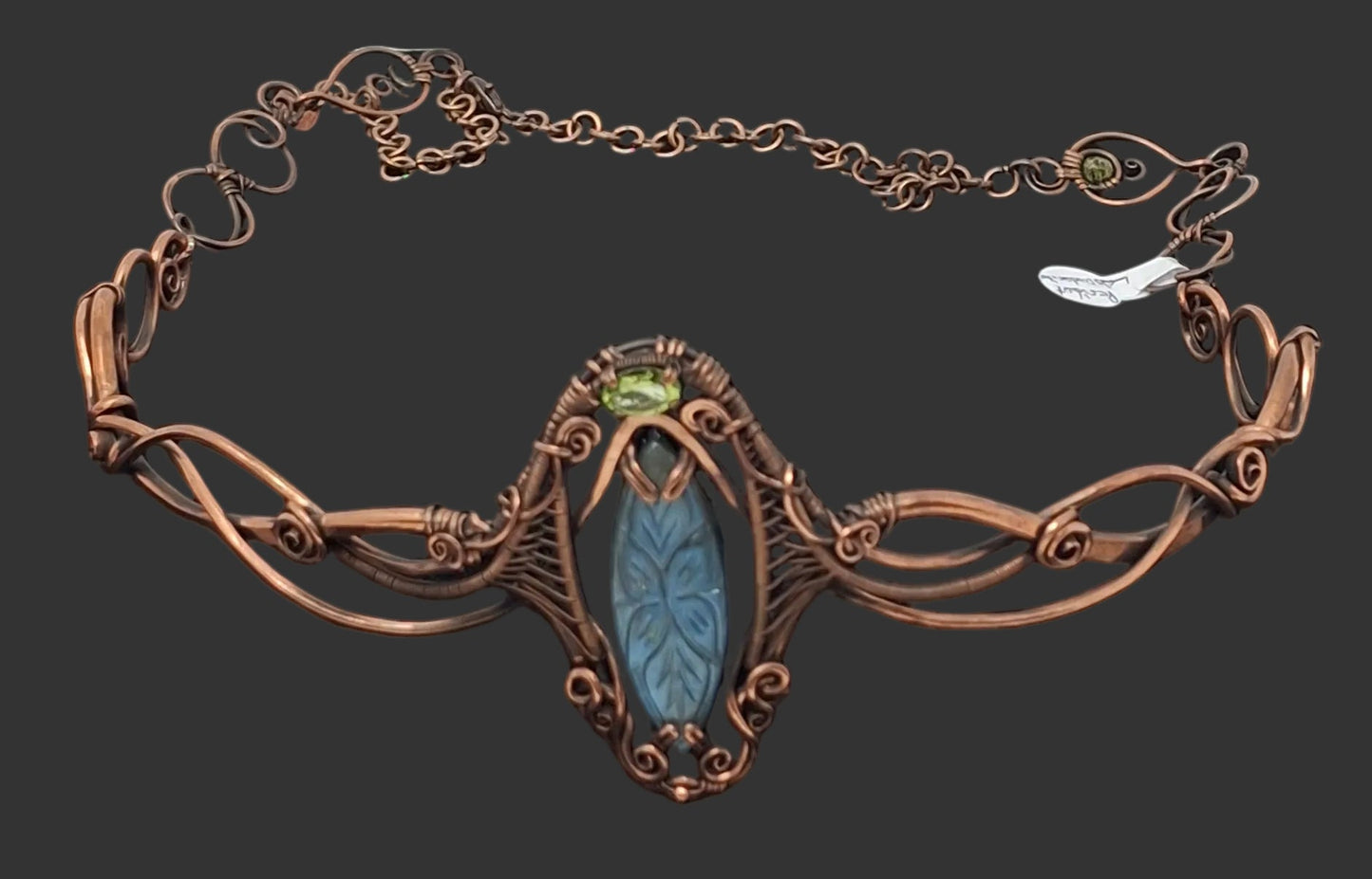 Copper tiara with Labradorite, Peridot and Jade