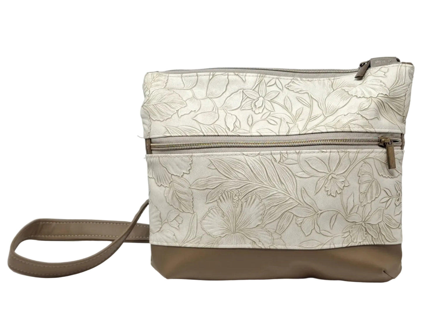 Embossed full Leather Beige Double Zip Bag