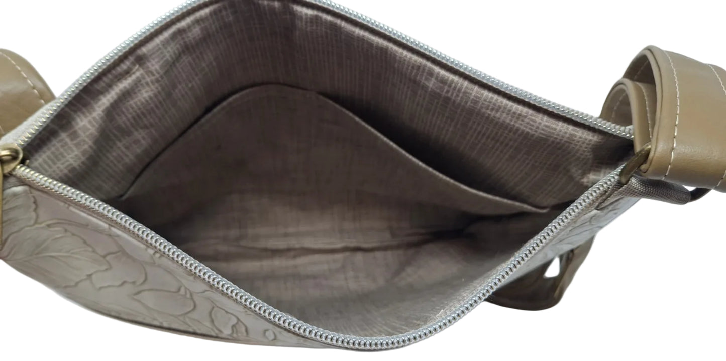 Embossed full Leather Beige Double Zip Bag
