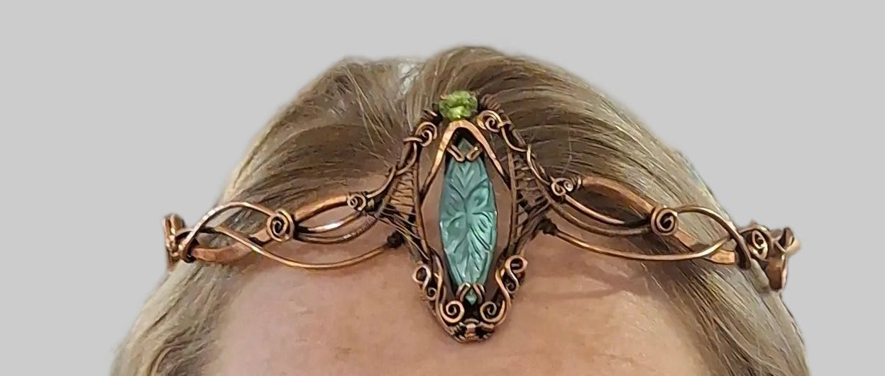 Copper tiara with Labradorite, Peridot and Jade