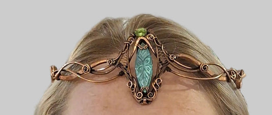 Copper tiara with Labradorite, Peridot and Jade
