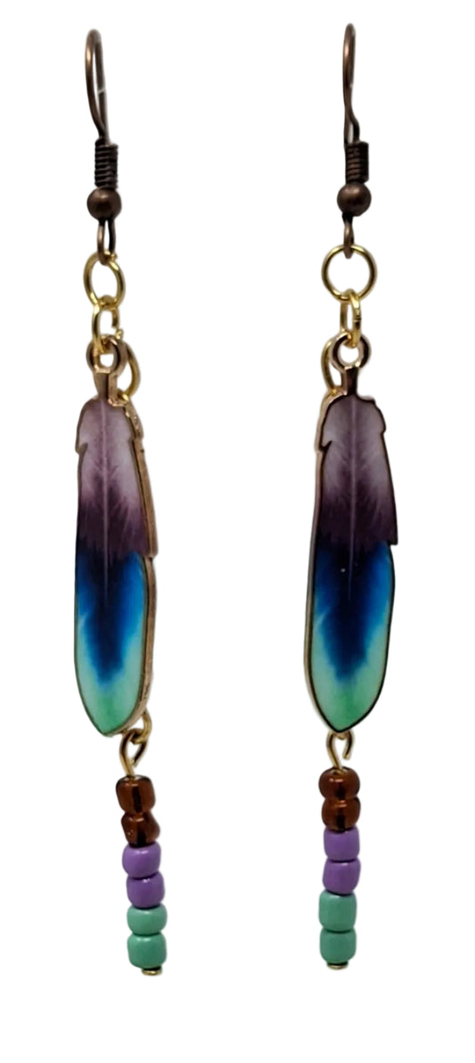 Earrings - with Purple and Teal Feathers