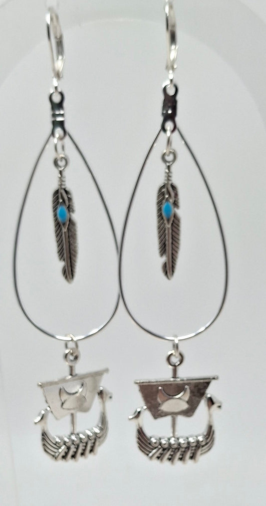 Earrings - Teardrop with Feather and Ships