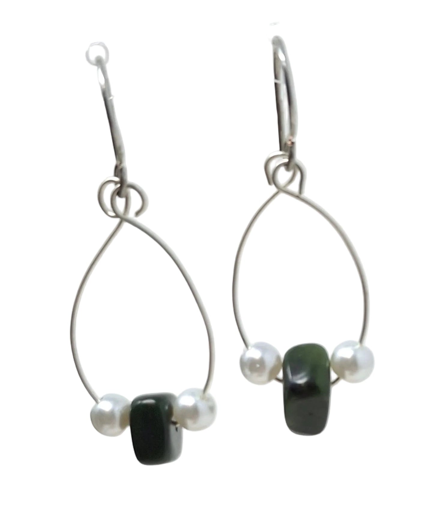 Silver teardrop earrings with white bead and jade