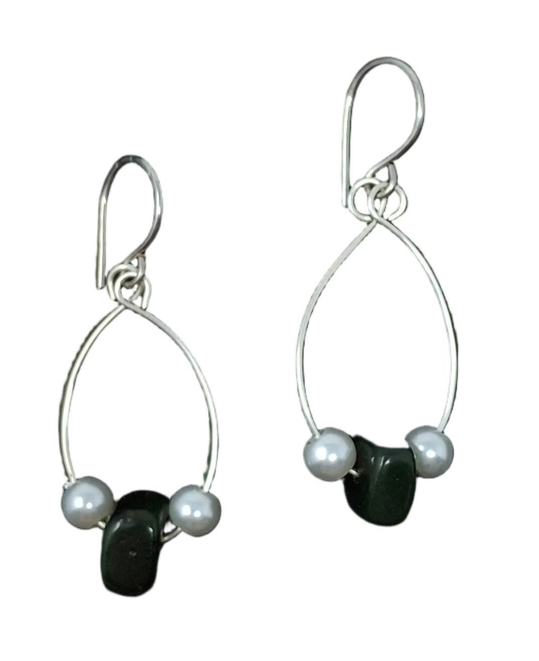 Silver teardrop earrings with white bead and jade