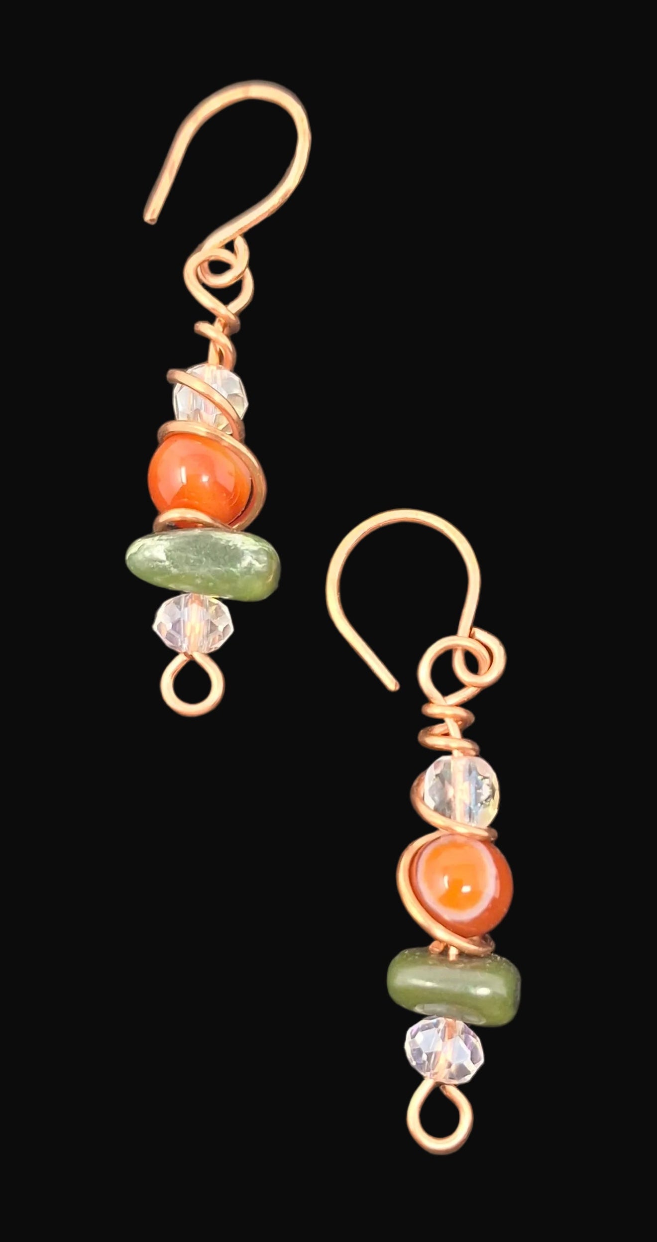 Copper Wire Wrapped Earrings with Carnelia, Jade and crystal