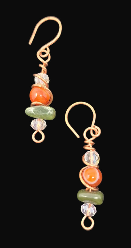 Copper Wire Wrapped Earrings with Carnelia, Jade and crystal