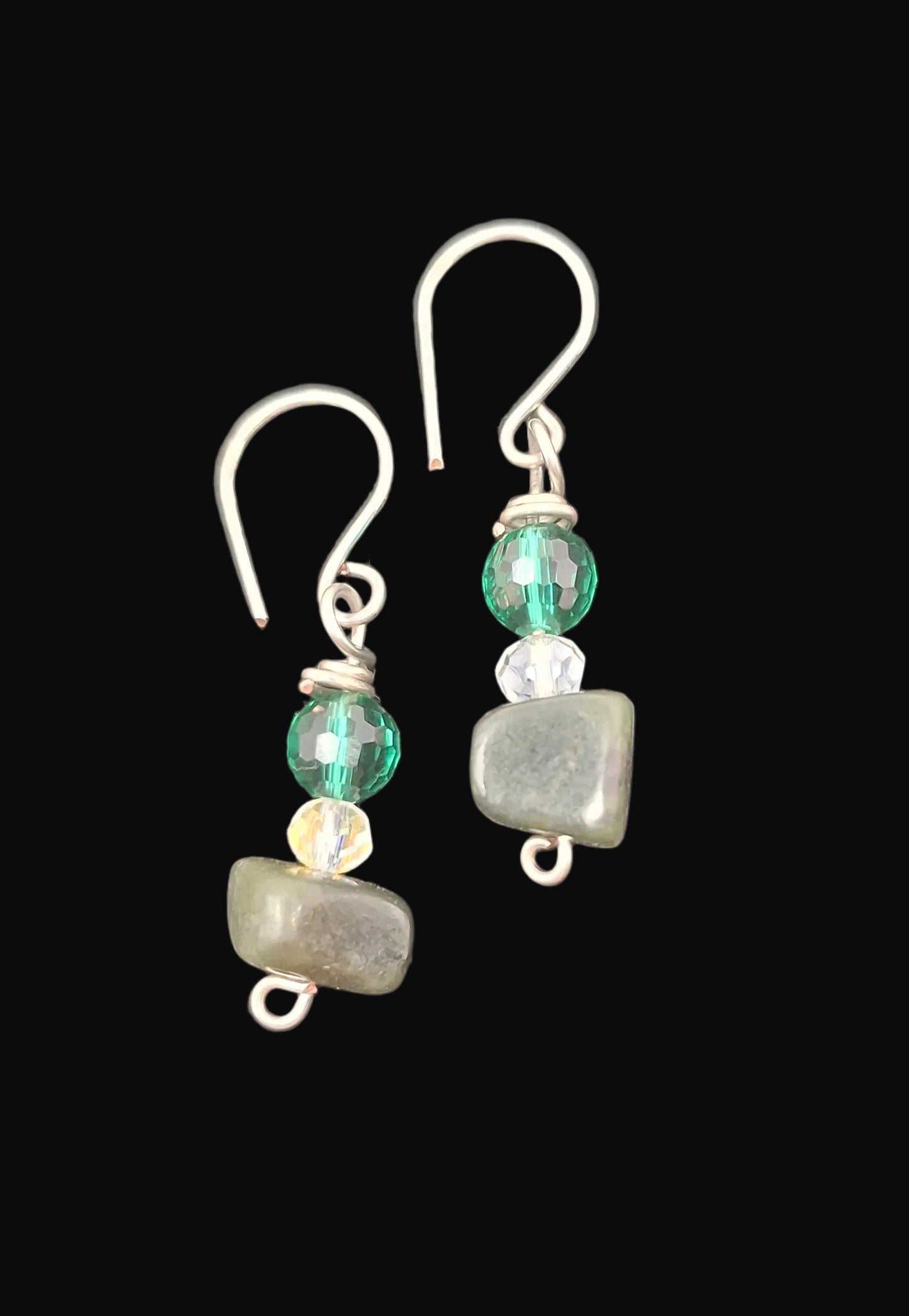 Silver wire wrapped earrings with green crystal and jade