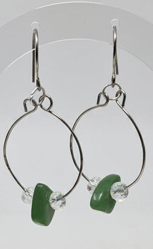 Silver hoop earrings with crystals and jade