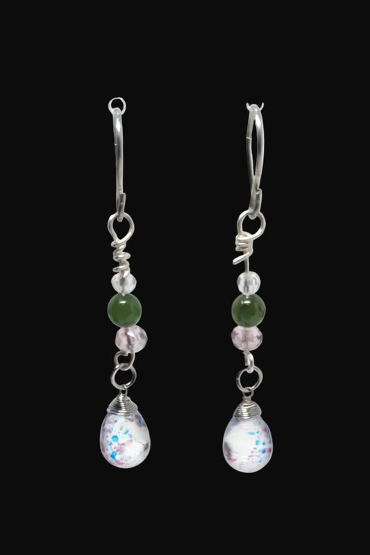 Silver wire wrapped jade bead earring with crystal tear drop