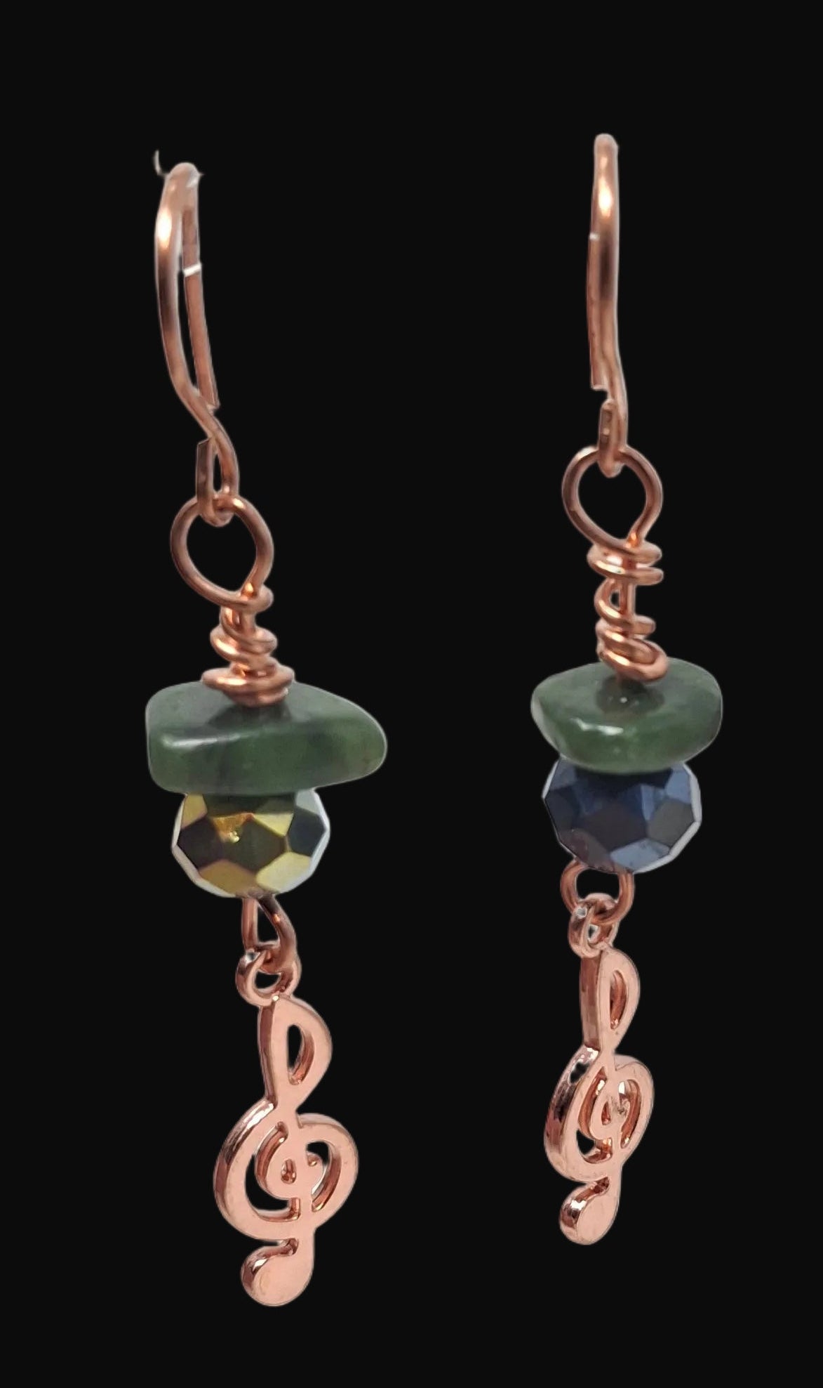 Copper Earrings with Jade, purple crystal and treble clef
