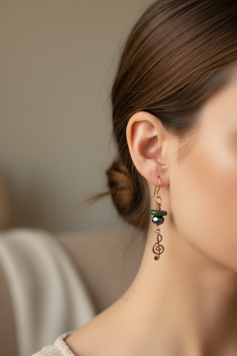Copper Earrings with Jade, purple crystal and treble clef
