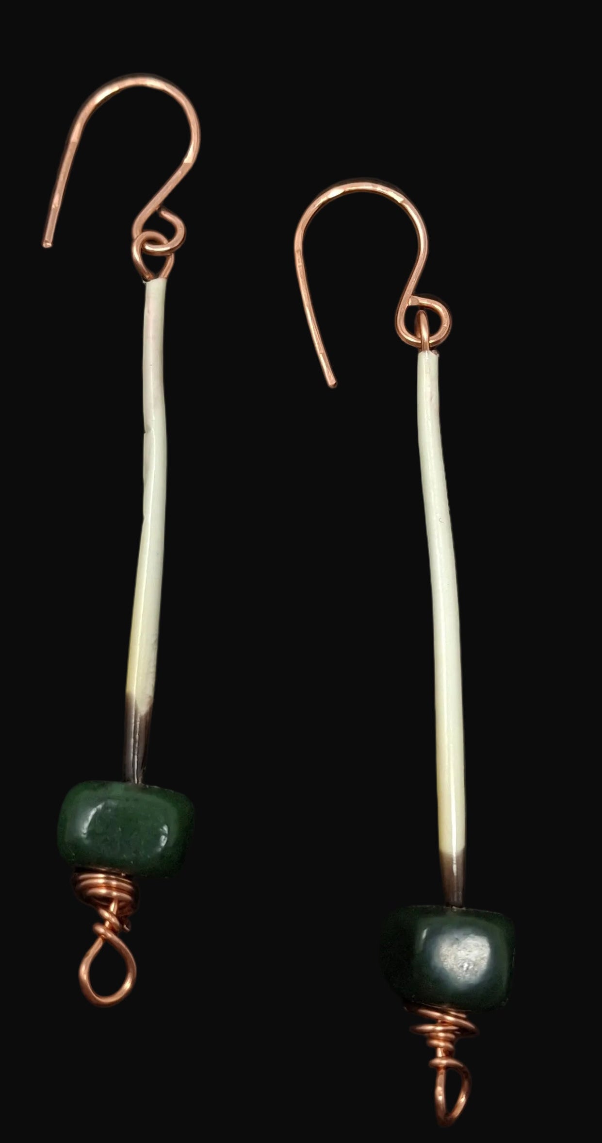Long Porcupine Earrings made with copper and jade